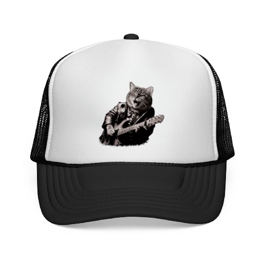 Rocker Cat Playing Guitar Instruments Meow Trucker Caps