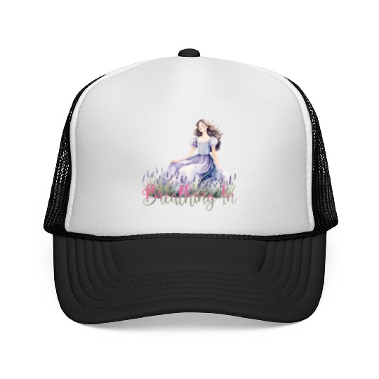 Girl in Lavender Dress Relaxing in Flower Field Trucker Caps