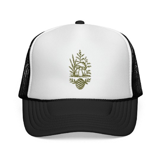Mushroom and Pine Cone Design Forest Green Trucker Caps