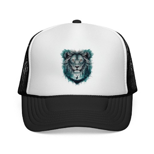 Wild Serenity Lion and Foggy Forest Watercolor Trucker Caps