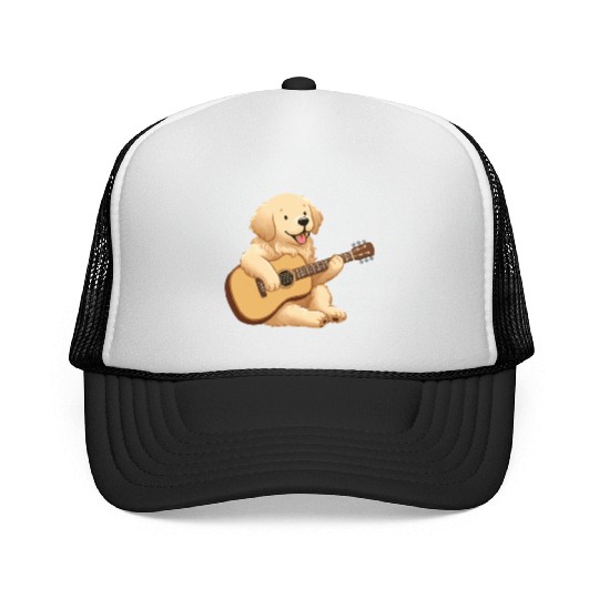 Golden Retriever playing guitar Trucker Caps