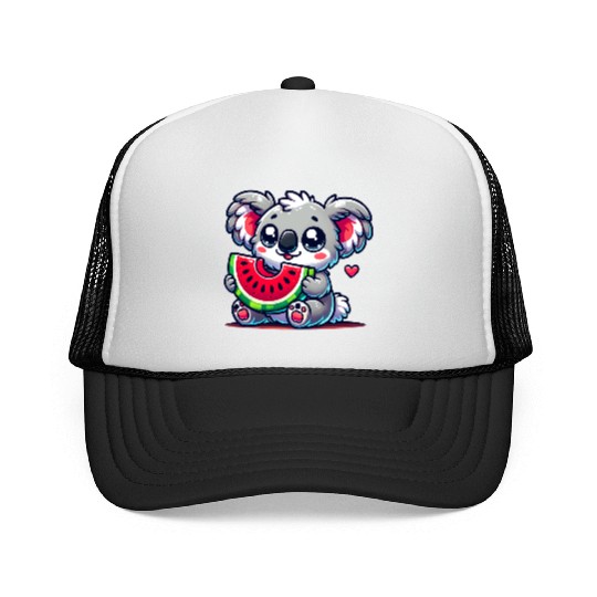 The cute koala enjoys a piece of watermelon Trucker Caps