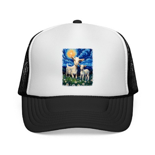 Goats Farm Animals Farmer Starry Night Painting Trucker Caps