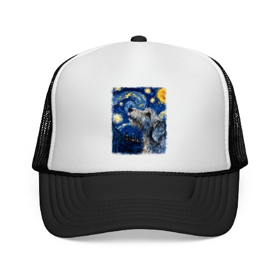 Irish Wolfhound Dog Starry Night Painting Trucker Caps