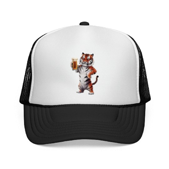 Tiger Drinking Beer Realistic Trucker Caps