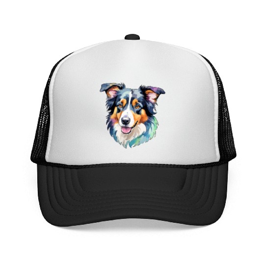 Border Collie Watercolor Trucker Caps