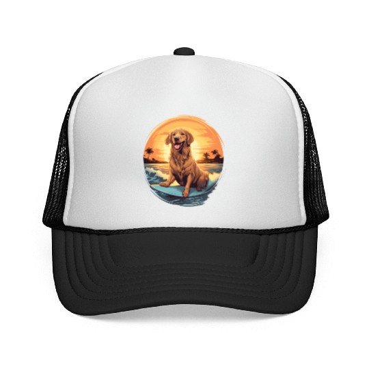 Golden Retriever Dog Surfing Happy Trucker Caps
