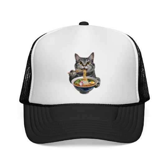 Cat Eating Ramen Realistic Trucker Caps