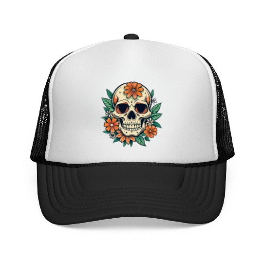 Vintage Retro Halloween Sugar Skull with floral Trucker Caps
