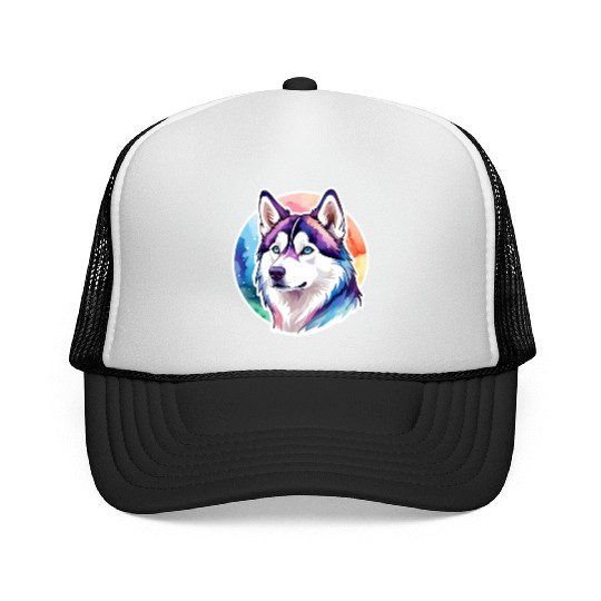 Siberian Husky Watercolor Trucker Caps