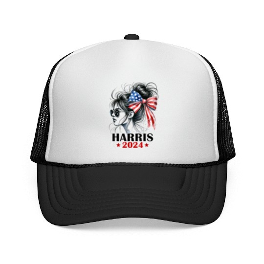 Kamala Harris 2024 American Flag Messy Bun Girl Su Trucker Caps
