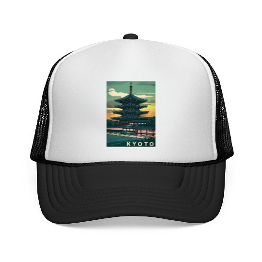 Vintage Travel Kyoto Japan Sunset Retro Graphic Trucker Caps