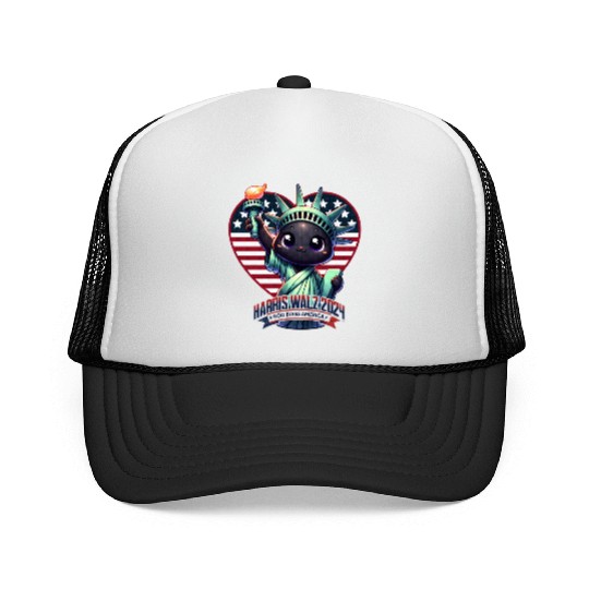 Cute Cat as Statue of Liberty with Harris Walz Trucker Caps