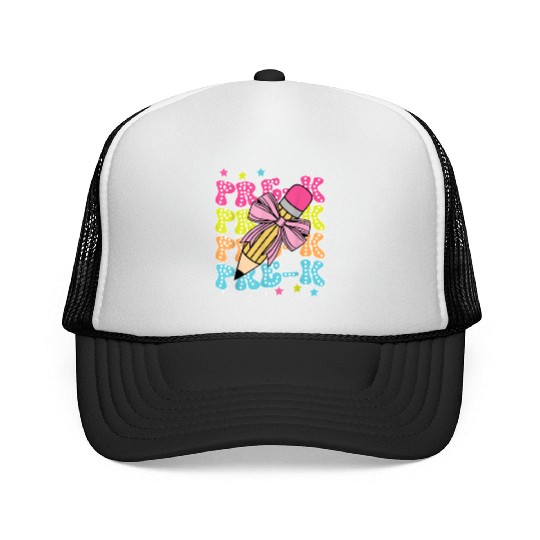 Pre K Teacher Pencil Coquette Bow Back To School K Trucker Caps