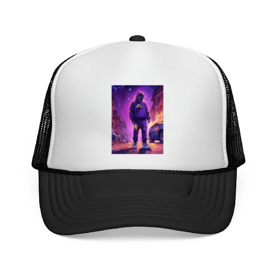 Hooded Figure in Futuristic Streetwear Trucker Caps
