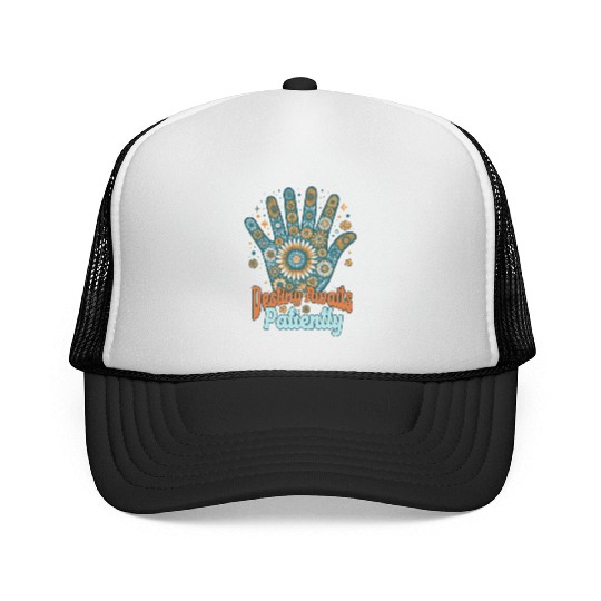 SAYING: Destiny awaits patiently, retro palm, sun Trucker Caps