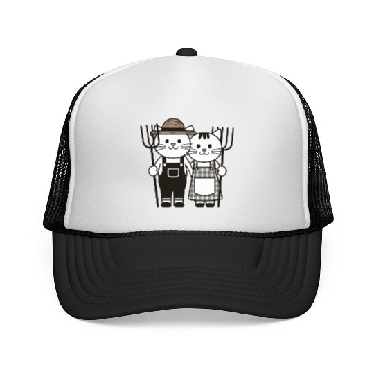 Farmer Cats Wearing Overalls and Gingham Dress Trucker Caps