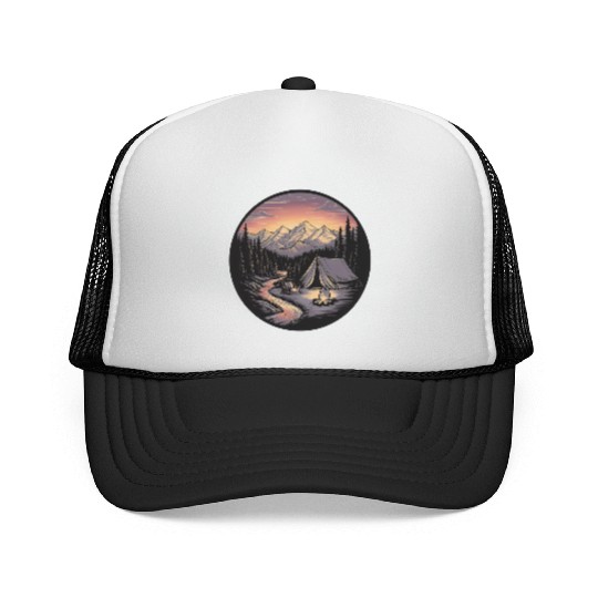 Mountain Morning: Peaceful Camping Monoline Trucker Caps