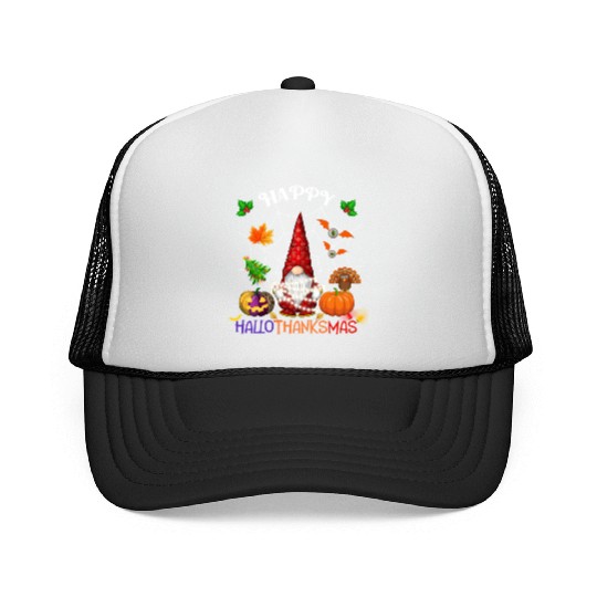 Happy HalloThanksMas Gnome Trucker Caps
