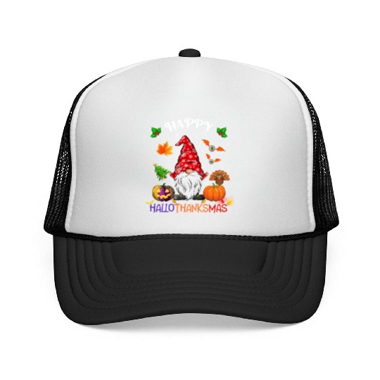 Happy HalloThanksMas Gnome Trucker Caps