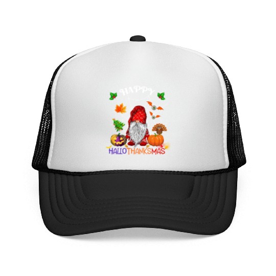 Happy HalloThanksMas Gnome Trucker Caps