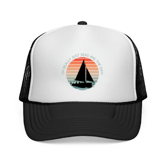 Seas-ing the Day Retro Sailing Sunset Design Trucker Caps
