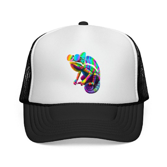 Colorful Chameleon with Sunglasses Trucker Caps
