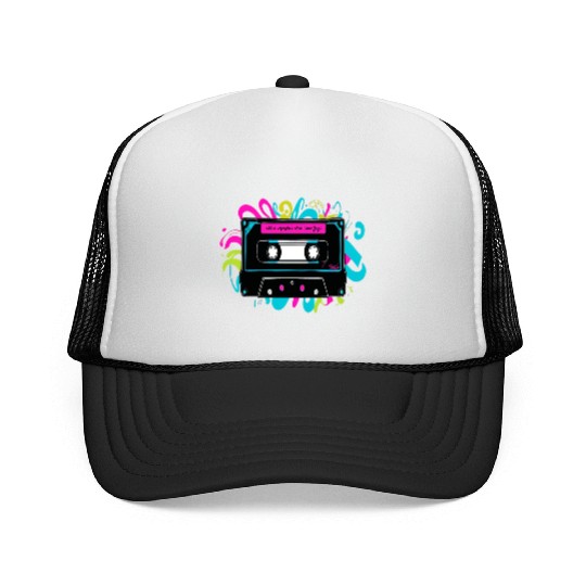 Retro Neon Cassette Tape with Vibrant Splash Trucker Caps