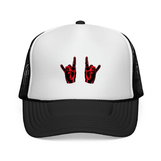 Two heavy metal hard rock horn finger hand gesture Trucker Caps