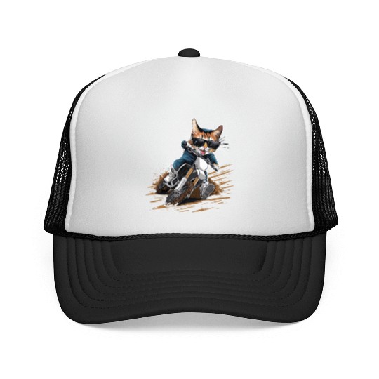Cat Wearing Sunglasses Riding Dirt Bike Trucker Caps