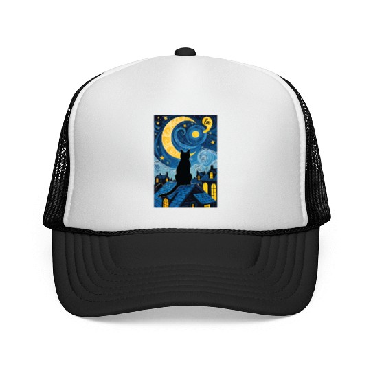 Halloween Starry Night Black Cat Comma La Harris Trucker Caps