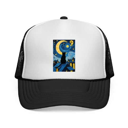 Halloween Starry Night Black Cat Comma La Harris Trucker Caps