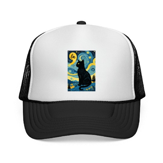 Halloween Starry Night Black Cat Comma La Harris Trucker Caps