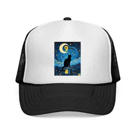 Halloween Starry Night Black Cat Comma La Harris Trucker Caps