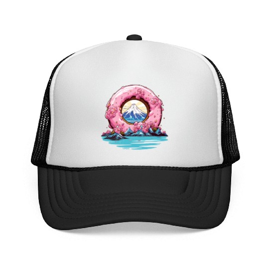 Japan Sakura Blossom Mount Fuji Donut Trucker Caps