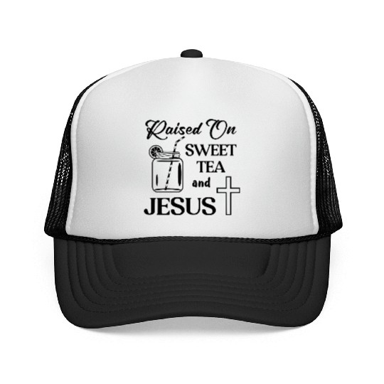 Raised On Sweet Tea And Jesus LIKE US ON FACEBOOK Trucker Caps