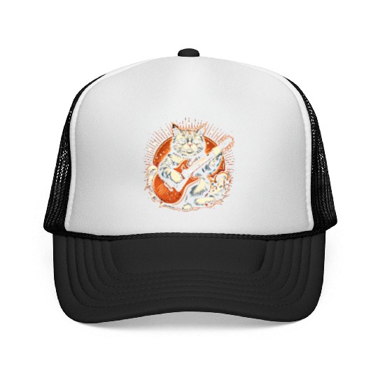 Cat Playing Guitar Rock Star Rock and Roll Trucker Caps