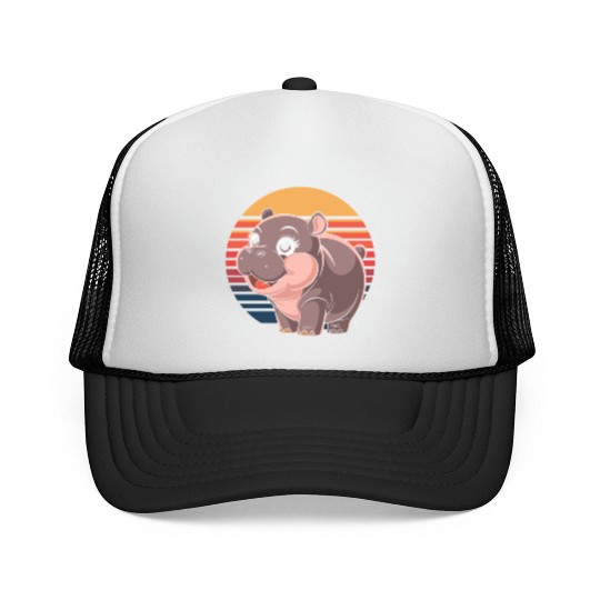 Adorable Moo Deng Hippo Sunset Vibes Trucker Caps