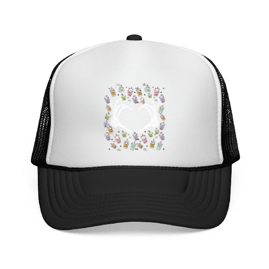 Skeletal Embrace: A Bubble Tea Love Story Trucker Caps