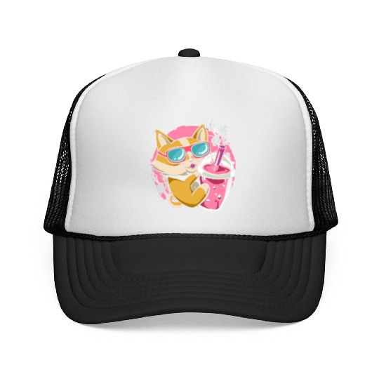 Kitten Kawaii Boba Milk Tea Drinking Cat Trucker Caps