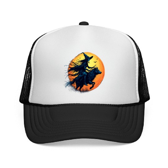 Halloween Witch Riding a Wolf Under Full Moon Trucker Caps