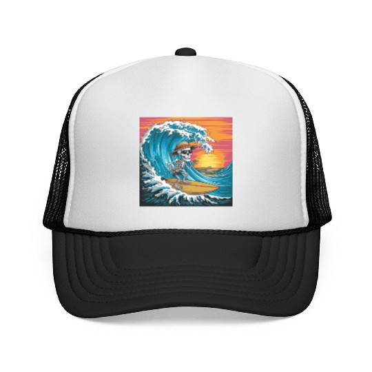 Surfing Skeleton Vibes Surfing Lifestyle Retro Trucker Caps