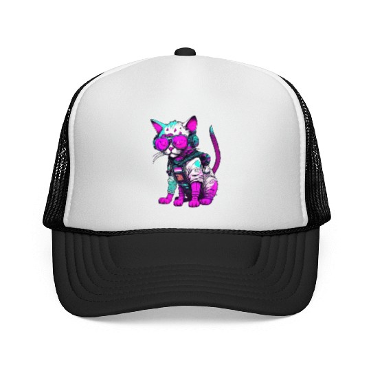Punk Space Cat with Neon Goggles Trucker Caps