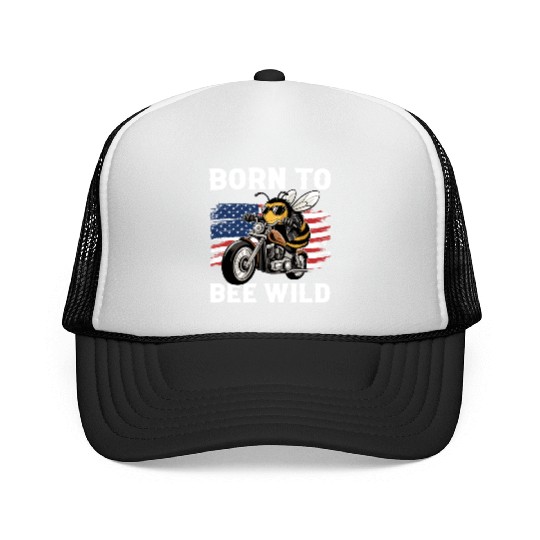 Funny Saying Born to Bee Wild US Flag Motorcycle Trucker Caps