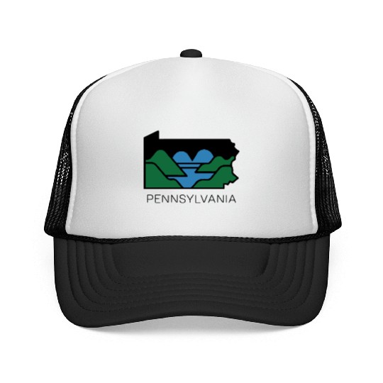 Pennsylvania Outline with Heart Shaped River Map Trucker Caps