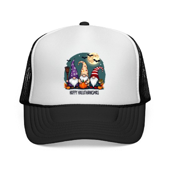 Happy Hallothanksmas Gnomes Celebration with Bats Trucker Caps