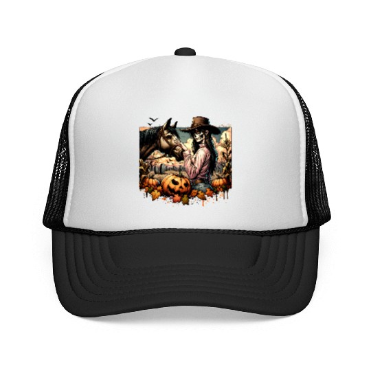 Haunting Cowgirl and Horse in Halloween Graveyard Trucker Caps