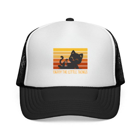 Enjoy The Little Things, Sunset Retro Cat Trucker Caps
