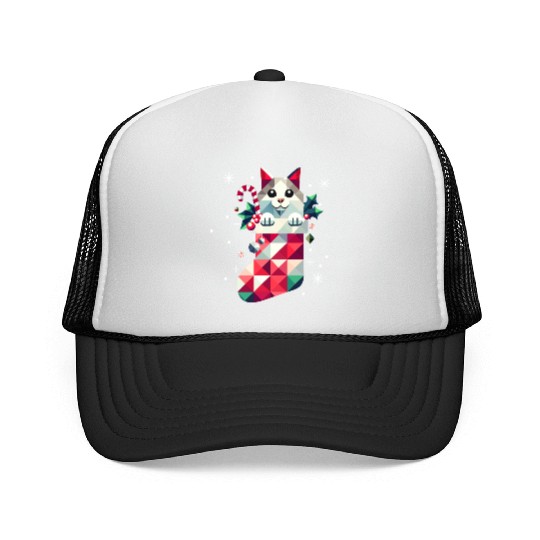 cute cat in a colorful Christmas stocking Trucker Caps