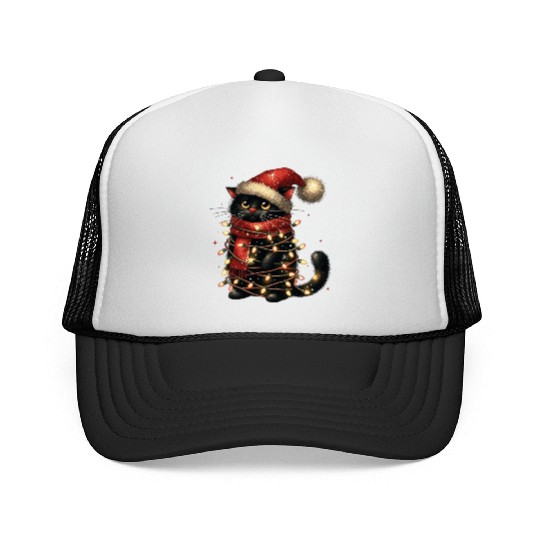 Black Cat In Christmas Light, Cat Lights Trucker Caps